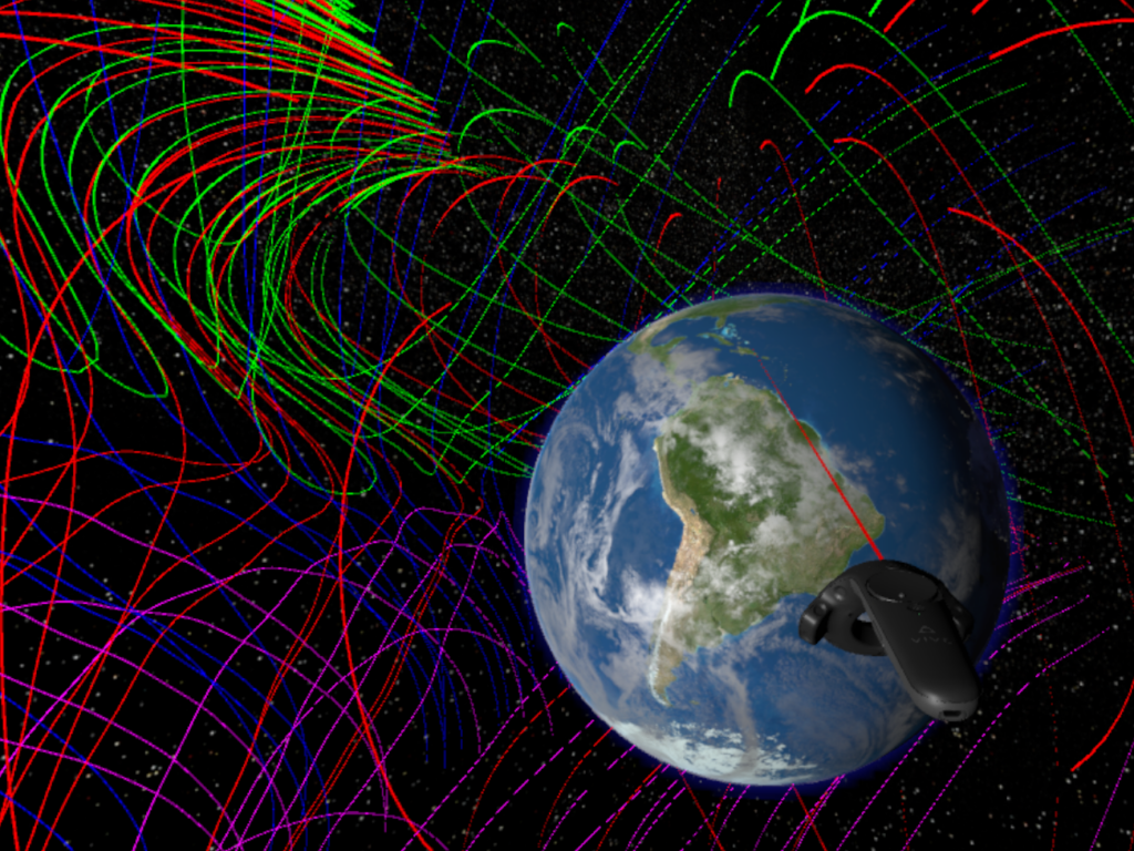 A virtual reality program developed by NASA could help scientists visualize the magnetic fields around the earth.
A virtual reality program developed by NASA could help scientists visualize the magnetic fields around the earth. (NASA)