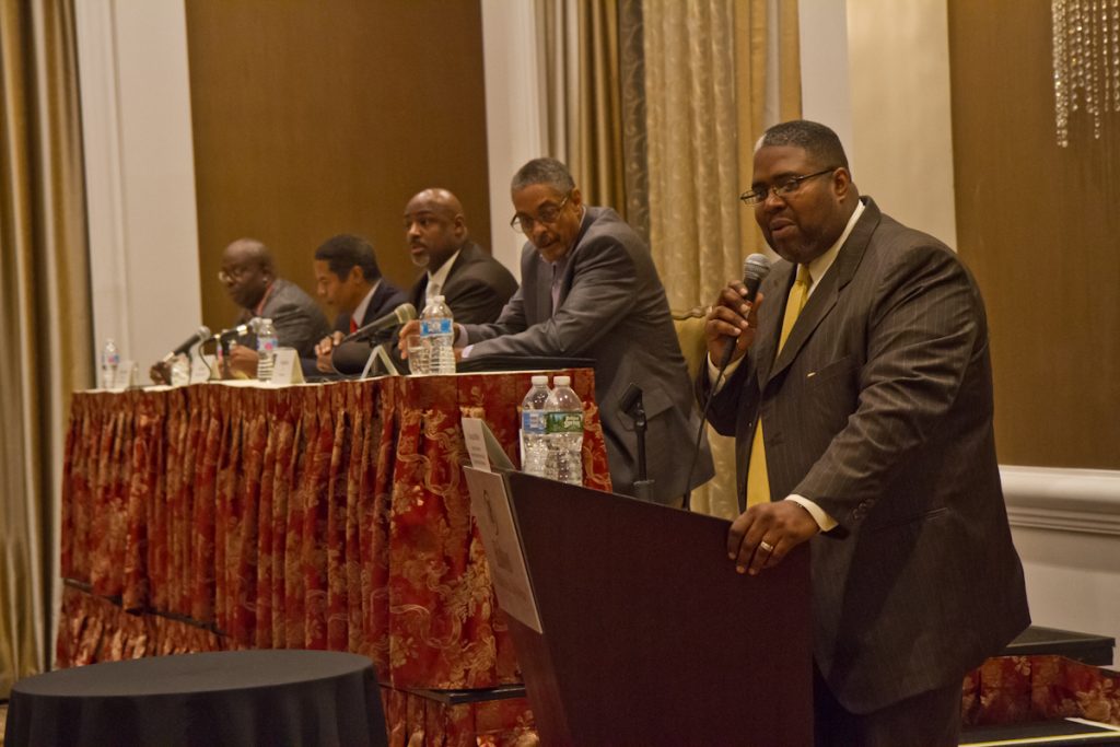 panel The When Patriotism Meets Activism Panel featured Dr. Reggie Banks, CEO of Dunbar Associates, Joe Watkins, Republican Political Analyst at CNBC, James Paige, COO Community Council Health Systems, and Chad Dion Lassiter, FOX Contributor and President of Black Men at Penn. (Kimberly Paynter/WHYY)