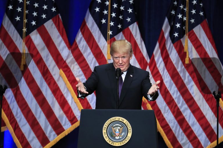 President Donald Trump speaks and lays out a national security strategy