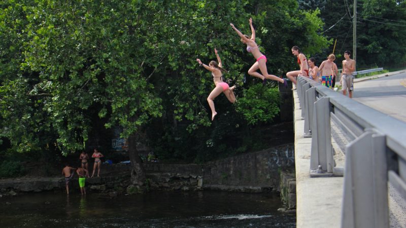 Teenagers take turns jumping into the Musconetcong river just below the Asbury Mill Dam. (Emma Lee/WHYY)