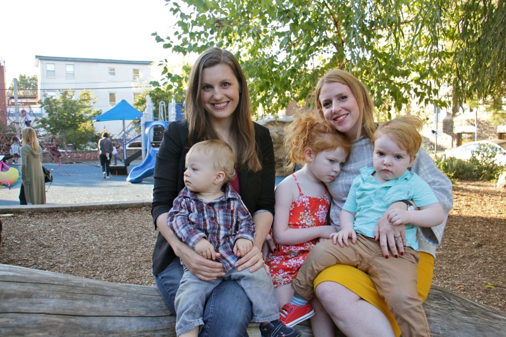 2017 10 18-e lee-lacey kohlmoos samantha matlin-philadelphia playpen park-public breastfeeding Lacey Kohlmoos, with her son Finn, and Samantha Matlin, with children Olivia, 4, and Logan, 2, campaigned for lactation facilities at 30th Street Station.