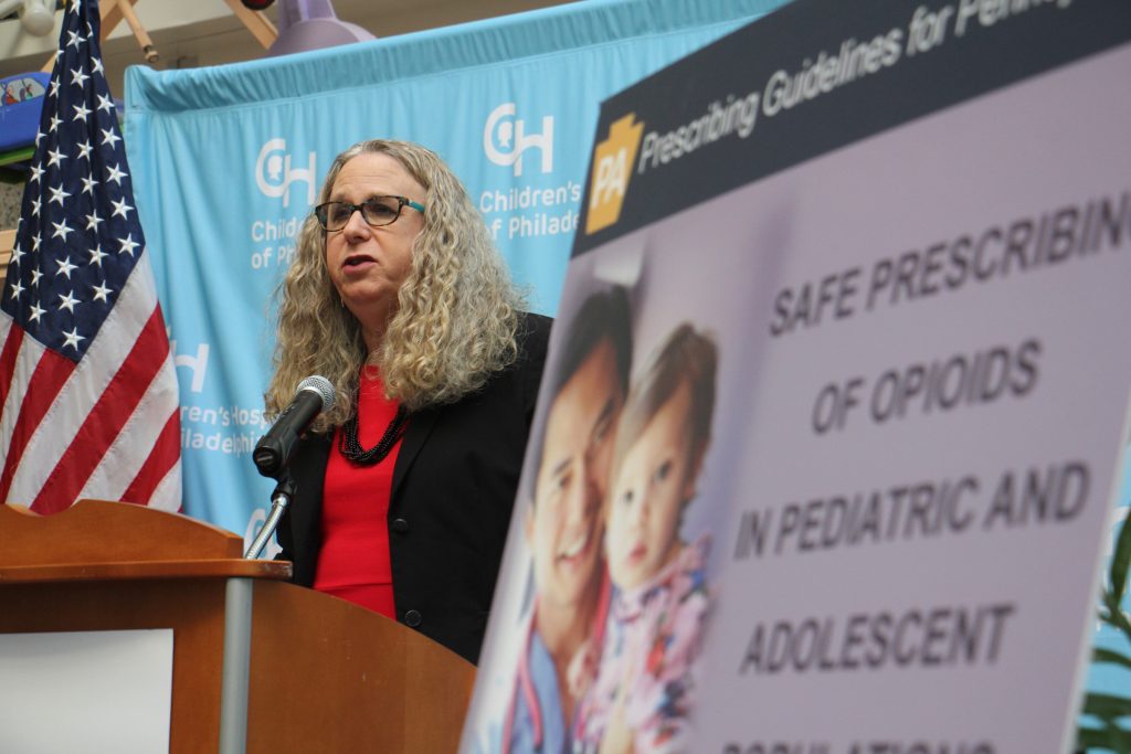 2017 12 01-e lee-rachel levine-philadelphia childrens hospital chop-opioid guidelines for children Acting Secretary of Health and Physician General Dr. Rachel Levine announces new safe guidelines for prescribing opioids to children.