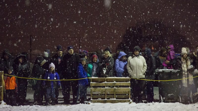 About a thousand spectators gather in the snow to watch the 30-foot-tall wooden phoenix set ablaze at the 14th Annual Firebird Festival in Phoenixville. (Emily Cohen for WHYY)