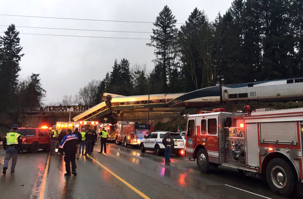 Train Derailment Washington State This photo provided by Washington State Patrol shows an Amtrak train that derailed south of Seattle on Monday, Dec. 18, 2017. Authorities reported