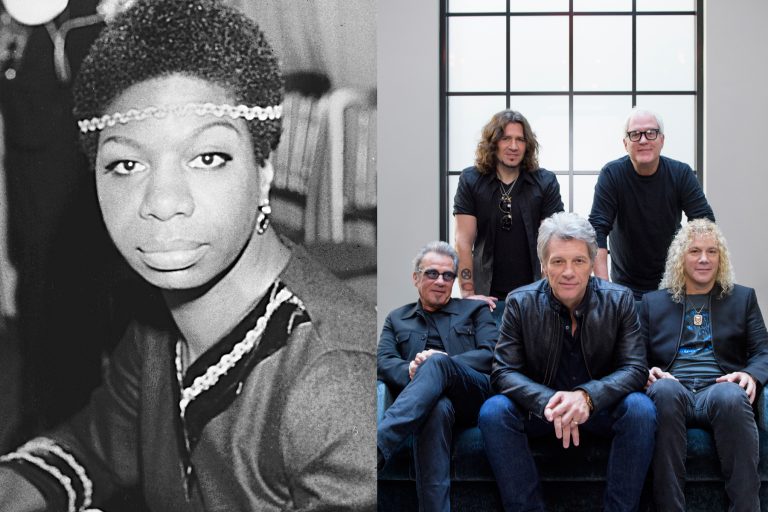 Jazz singer Nina Simone, shown in London, Dec. 5, 1968; and members of Bon Jovi (front row from left), Tico Torres, Jon Bon Jovi, David Bryan, (back row from left), Phil X, and Hugh McDonald  (AP Photo and Drew Gurian/Invision/AP)