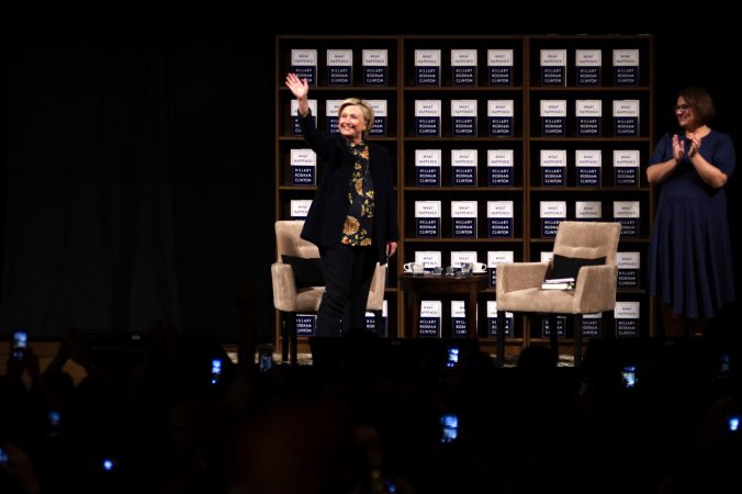 Hillary Clinton on stage during a book tour stop at the Academy of Music, on Thursday in Philadelphia. (Bastiaan Slabbers for WHYY)
