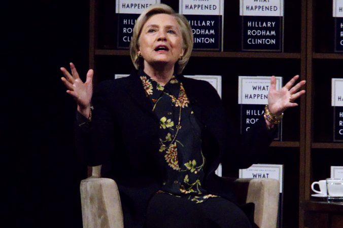 Hillary Clinton on stage during a book tour stop at the Academy of Music, on Thursday in Philadelphia. (Bastiaan Slabbers for WHYY)