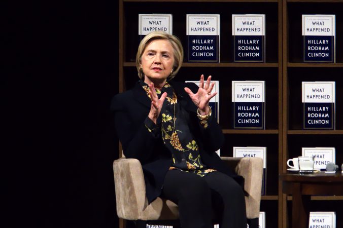 Hillary Clinton on stage during a book tour stop at the Academy of Music, on Thursday in Philadelphia. (Bastiaan Slabbers for WHYY)