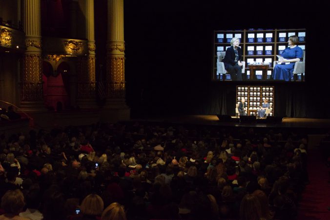 Hillary Clinton sits on stage with event moderator and author, Jennifer Weiner  (Bastiaan Slabbers for WHYY)