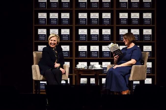 Hillary Clinton reacts to a passage Jennifer Weiner reads from her book including the mention of Matt Lauer. (Bastiaan Slabbers for WHYY)