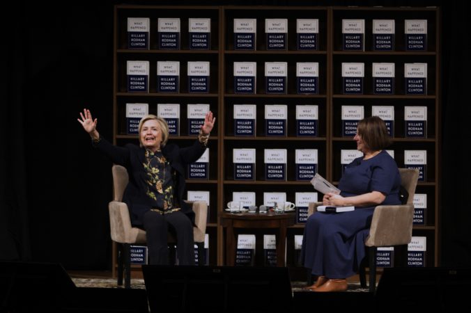 Hillary Clinton and author Jennifer Weiner on stage, at the Academy of Music, on Thursday. (Bastiaan Slabbers for WHYY)