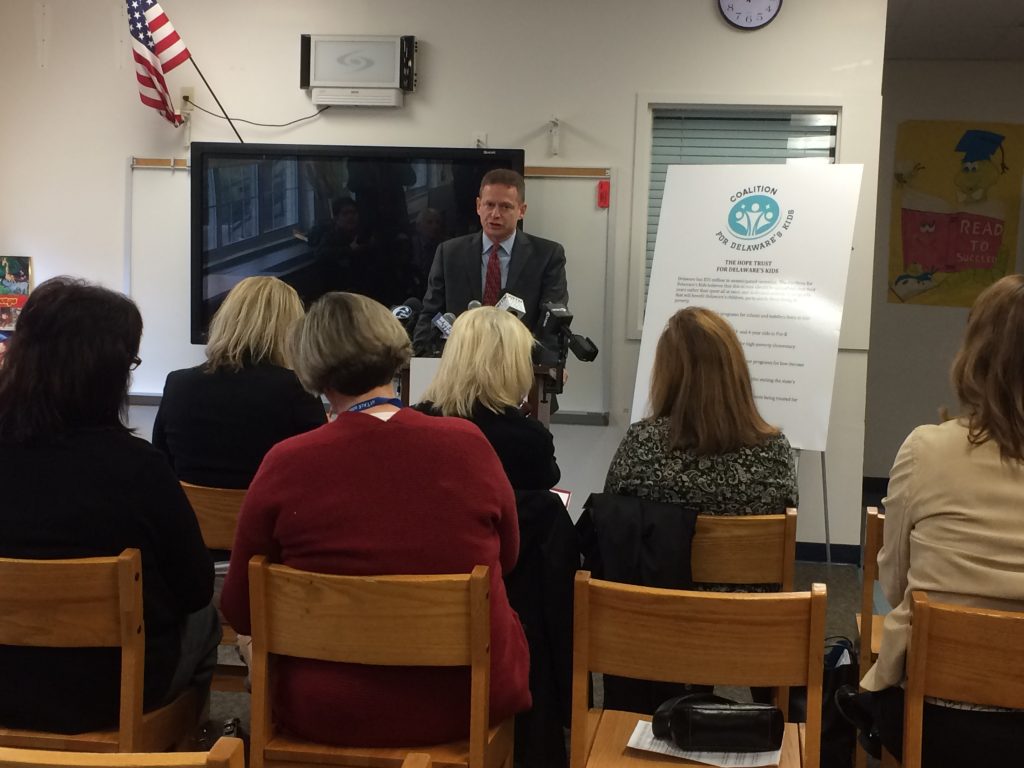 Delaware Attorney General Matt Denn announcing proposal to invest Delaware tax revenue windfall in a 4-year trust.  (Shirley Min/WHYY)