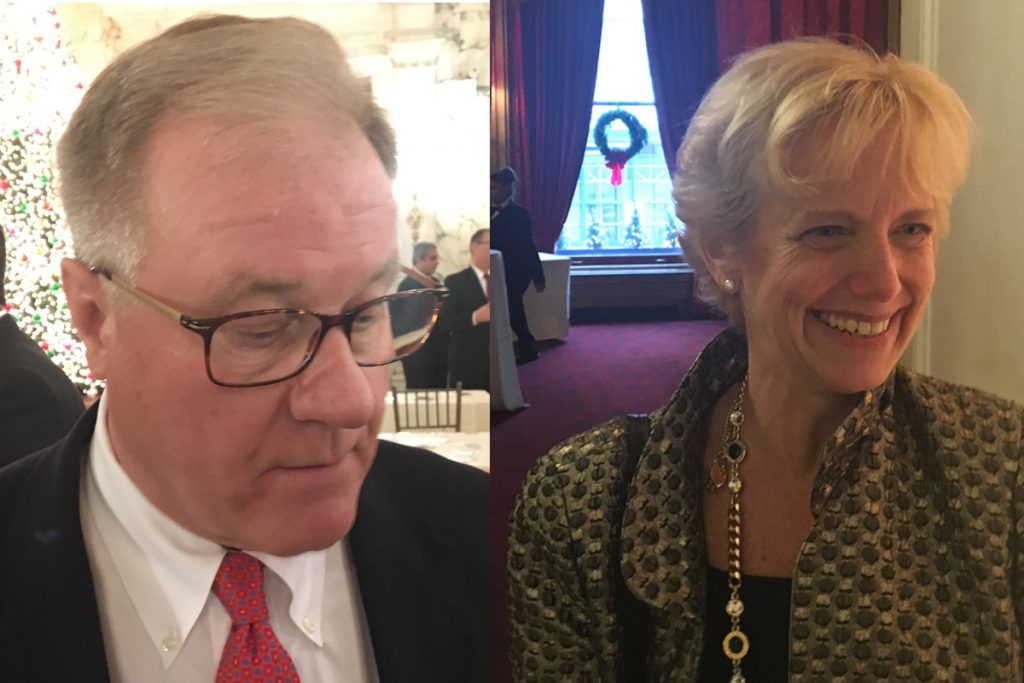 HYYDDpasocietyx1200 Pennsylvania state Sen. Scott Wagner (left) and Laura Ellsworth, a Pittsburgh attorney, at a Pennsylvania Society event. Both are Republicans running for governor. (Dave Davies/WHYY)