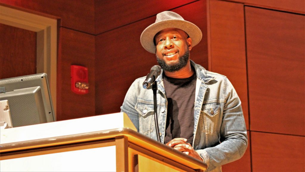 IMG_5999 Talib Kweli, the keynote speaker at this year’s hip hop summit at Stockton University. (Bill Barlow for WHYY)