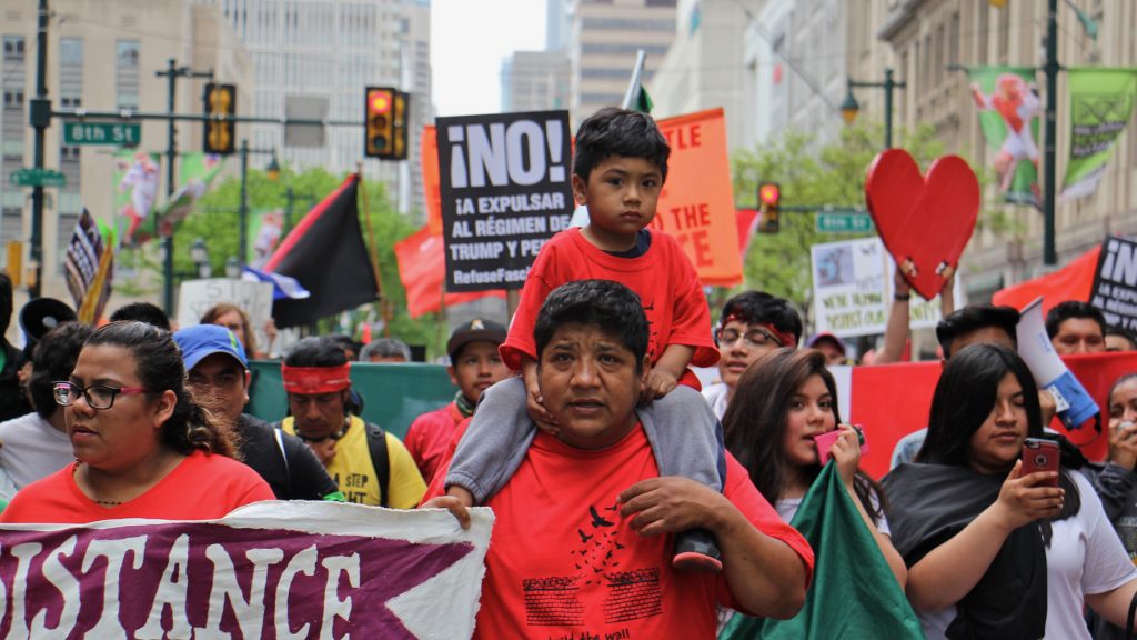 IMG_8666 A large contingent of immigrants from Mexico and other Spansih-speaking countries participate in a May Day march in Philadelphia focused on President Donald Trump's immigration policies. (Emma Lee/WHYY)