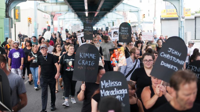 Hundreds marched down Kensington Avenue  for the March in Black in rememberance of those who have died from opioid overdoses. (Brad Larrison for NewsWorks)
