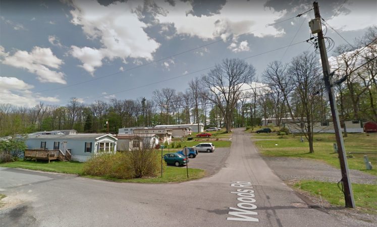 The intersection of Woods Road and Mobile Avenue at the former Hilltop mobile home park in State College. (Image by Google street view from April 2012)