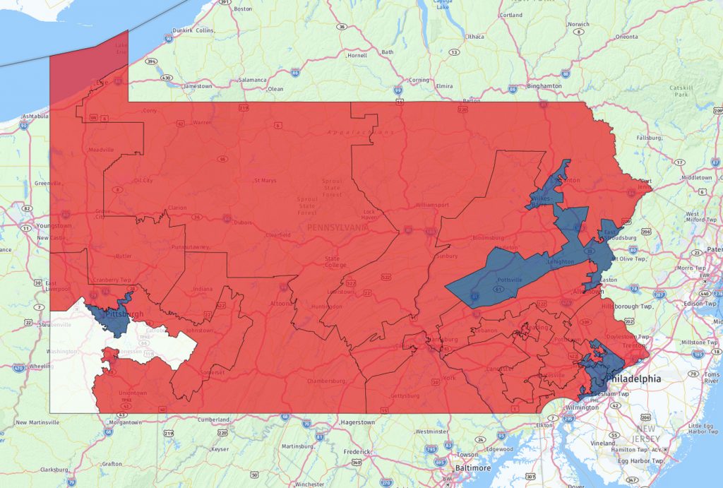PA_CONGRESSIONAL_DISTRICTS_R_D In the last three election cycles Republicans have won 13 of Pennsylvania's 18 congressional seats. The 18th district seat is currently vacant. Former U.S. Rep. Tim Murphy, a Republican, resigned in October. (Keystone Crossroads)