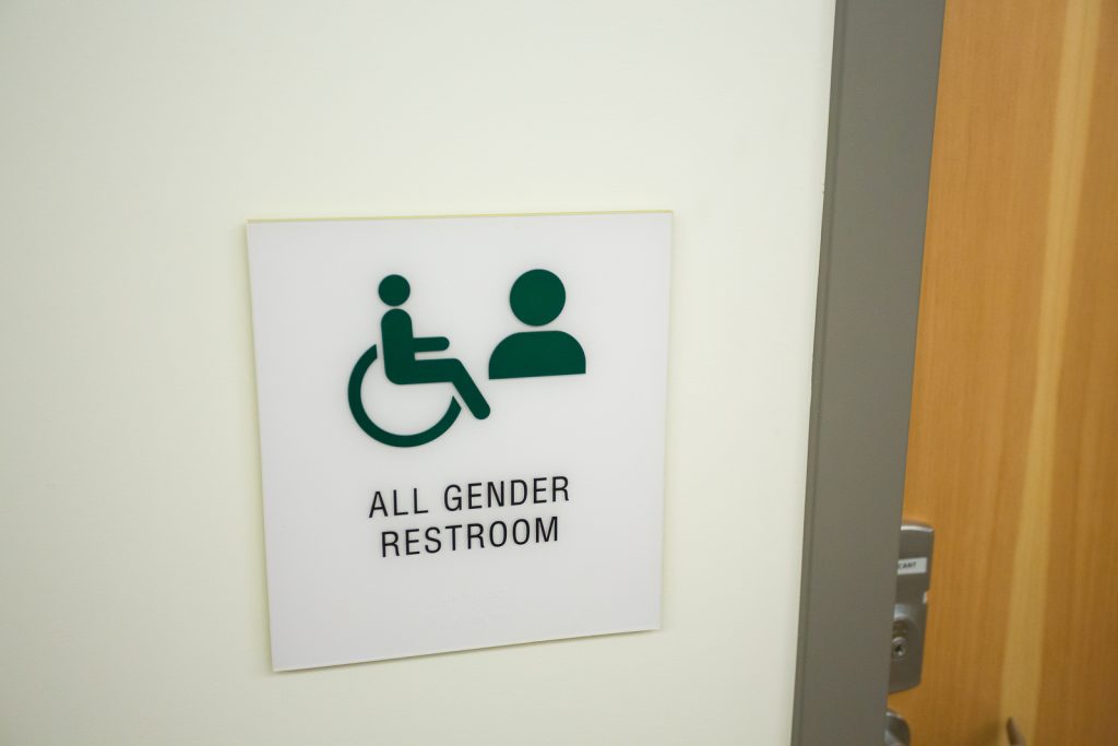 bigstock–188717119 A proposed anti-discrimination policy for Delaware schools would, among other provisions, allow students to use the bathroom that aligns to their gender identity.
All gender restroom sign at a school. (Photo via Bigstockphoto)