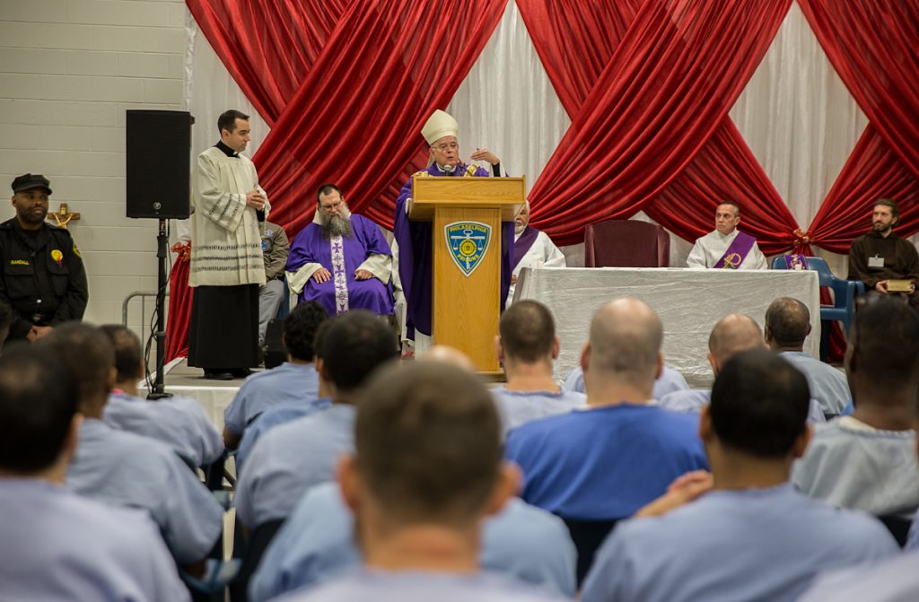 chirstmas_mass_prison_01_1200b Philadelphia Archbishop Charles Chaput speaks to inmates at the Curran-Fromhold Correctional Center during an annual Christmas Mass at the prison on Dec. 18, 2017. (Lindsay Lazarski/WHYY)
