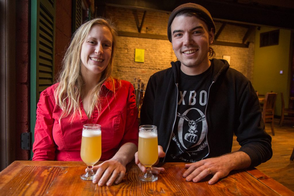 cohen_tired-hands-3 Julie Foster and Jean Broillet IV chat about beer trends at the cafe at their Tired Hands Brewery in Ardmore, Pennsylvania. (Emily Cohen for WHYY)