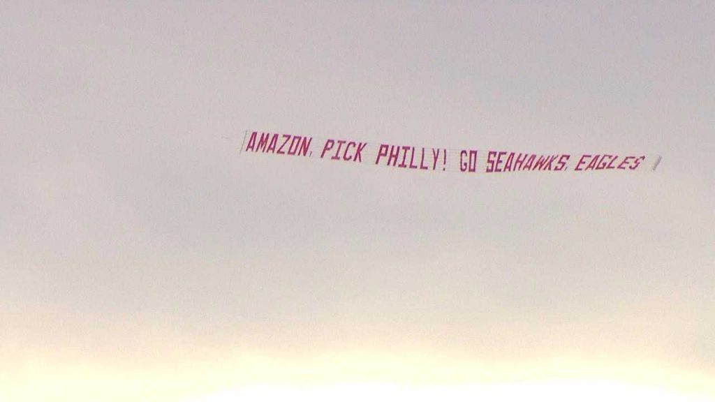 download A small plane flew this message around Seattle Friday afternoon as the the Philadelphia Building and Construction Trades Council attempted to increase Philadelphia's chances of being chosen for the new headquarters. (Joshua Morgan)