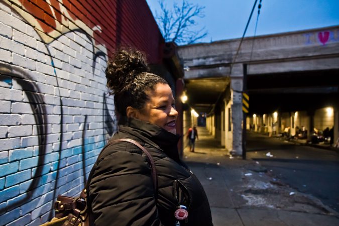 During he spare time, Rosalind Pichardo brings food, clothing, and clean needles to people living beneath an overpass Emerald and Lehigh Streets in Philadelphia.