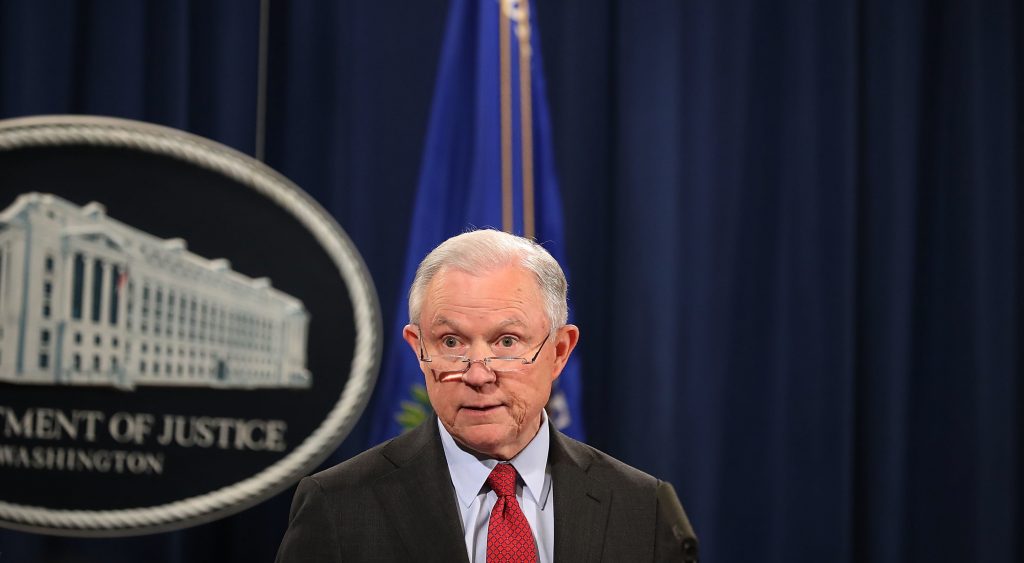 Attorney General Jeff Sessions holds a news conference at the Department of Justice last week, highlighting his department’s fight to reduce violent crime. Attorney General Jeff Sessions holds a news conference at the Department of Justice last week, highlighting his department's fight to reduce violent crime. (Chip Somodevilla/Getty Images)