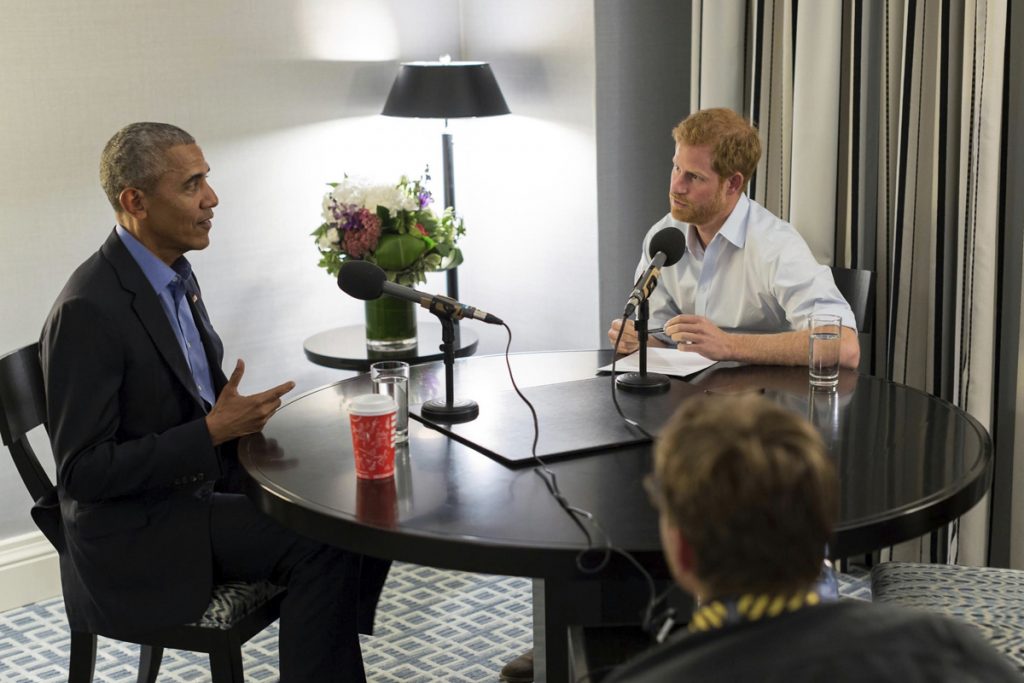 Britain Obama Royals Britain's Prince Harry, right, interviews former U.S. President Barack Obama