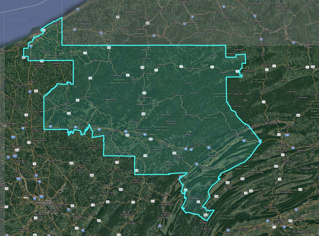 pa_5th_congressional_district_1200 Pennsylvania’s 5th congressional district was among those criticized in federal court on Monday as a possible partisan gerrymander. An expert witness pointed to Erie County in the far northwest corner of the state. The county was split during the 2011 redistricting process. The result, the witness said, dilutes a concentration of Democratic voters and instead favors Republican voters. (Pa. Redistricting website)