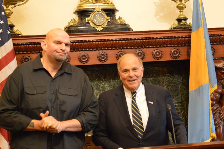 Former Pennsylvania Gov. Ed Rendell and John Fetterman speak at Philadelphia City Hall Monday.