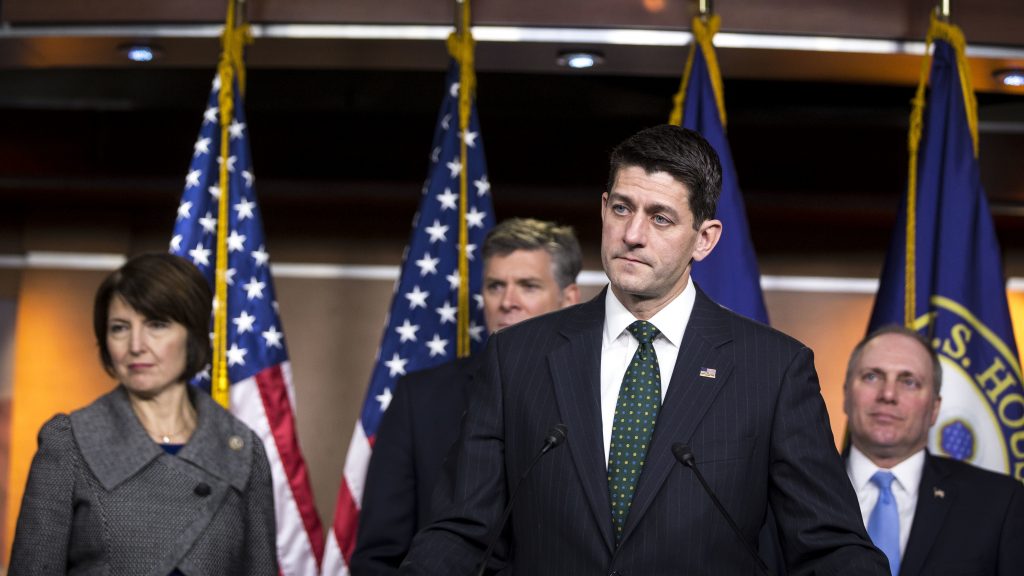 Speaker of the House Paul Ryan, R-Wis., and other lawmakers hold a news conference on Capitol Hill on Dec. 12. House Republicans are pushing toward a stopgap spending bill to keep the government funded through mid-January. Speaker of the House Paul Ryan, R-Wis., and other lawmakers hold a news conference on Capitol Hill on Dec. 12. House Republicans are pushing toward a stopgap spending bill to keep the government funded through mid-January. (Al Drago/Getty Images)