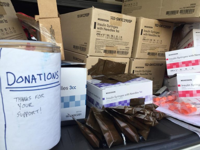 The rising number of opioid-linked deaths led Arizona to declare a public health emergency in 2017. Needle exchange programs are not explicitly permitted in Arizona, but one such service operates underground, giving out clean needles and naloxone, a medicine widely used to counter effects of an opioid overdose. (Will Stone/KJZZ)