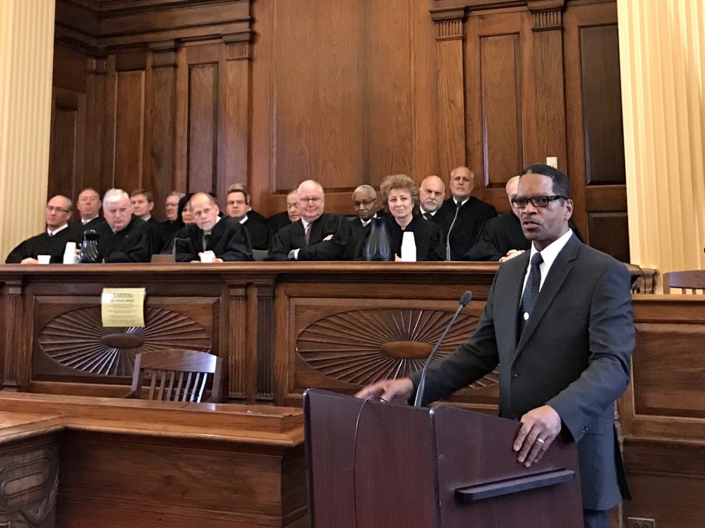 Jerry L. Sanders Jr. speaks after being sworn in as Delaware County Sheriff at an induction ceremony in Media. Sanders was part of a wave of Democrats elected last year, reflecting a demographic change in the former Republican stronghold.