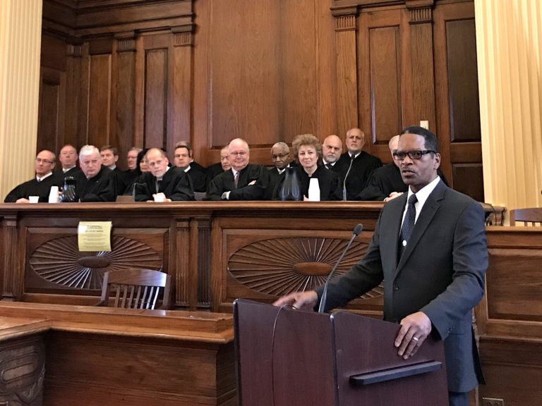 Jerry L. Sanders Jr. speaks after being sworn in as Delaware County Sheriff at an induction ceremony in Media. Sanders was part of a wave of Democrats elected last year, reflecting a demographic change in the former Republican stronghold.