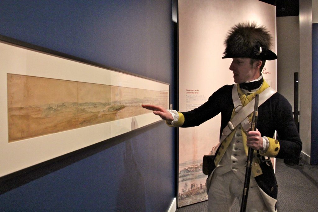 2018 01 12-e lee-dan center-philadelphia museum of the american revolution-watercolor depicts washington’s tent Museum of the American Revolution educator Dan Center identifies landmarks in a 7-foot-long painting by Pierre L'Enfant. It is the only known depiction of George Washington's headquarters tent in use in the field.