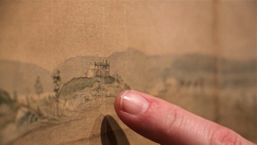 The painting depicts the Continental Army's 1782 encampment at Verplanck's Point in New York. The tent is a small part of the panorama.