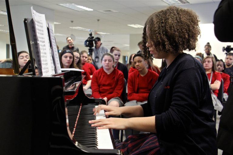 Puerto Rican piano prodigy Paola Calderon performs during a master class at Philadelphia Performing Arts String Theory School. The 14-year-old relocated to Philadelphia in November after Hurricane Maria devastated Puerto Rico.