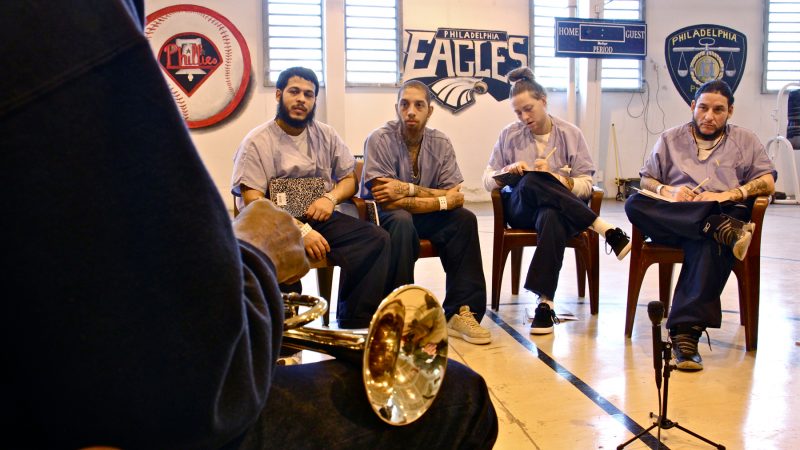 Prisoners at the Philadelphia Detention Center get music and life lessons from  Philadelphia Orchestra composer-in-residence Hannibal Lokumbe. (Emma Lee/WHYY)