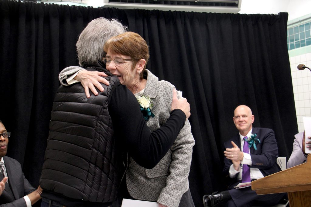 2018 10 30-e lee-mary scullion jon bon jovi-philadelphia hub of hope-project home homeless outreach lead Sister Mary Scullion of Project HOME embraces Joh Bon Jovi, whose Soul Foundation has helped to alleviate homelessness in Philadelphia. The two celebrated the opening of Hub of Hope, a service center for homeless people located in the Center City subway concourse.