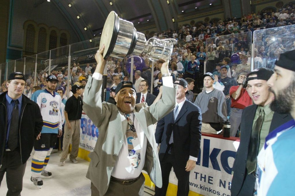 5a4939202a850.image Art Dorrington, former Sea Gull, hoists the Kelly Cup after the Boardwalk Bullies won game 5 of the East Coast Hockey League's championship series at Boardwalk Hall in Atlantic City on May 14, 2003.