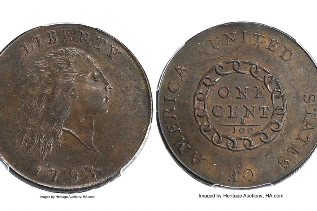 AP300Kpennyx1200 This composite photo provided by Heritage Auctions shows a 1793 cent made by the U.S. mint in Philadelphia. (Heritage Auctions via AP)