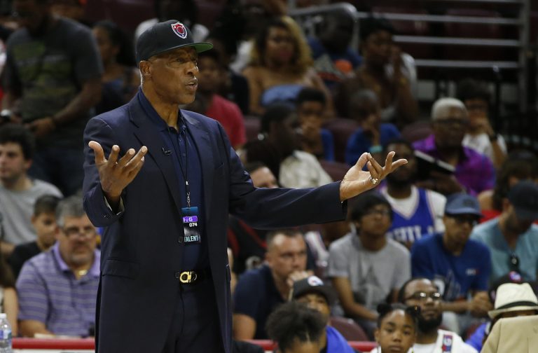 This July 16, 2017 photo pictures Tri State coach Julius Erving questioning a call during a game against 3's Company during in the BIG3 Basketball League in Philadelphia, Pa. Erving fell ill at the Philadelphia 76ers' game Friday night and was taken to a hospital. (Rich Schultz/AP Photo)
