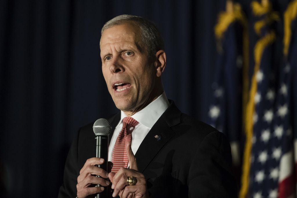 Pennsylvania Governor-Republicans Candidate Paul Mango, seeking the Republican Party's nomination to challenge Democratic Gov. Tom Wolf's re-election bid next year, takes part in the Montgomery County Republican Committee gubernatorial forum in Blue Bell, Pa., Thursday, Oct. 19, 2017.