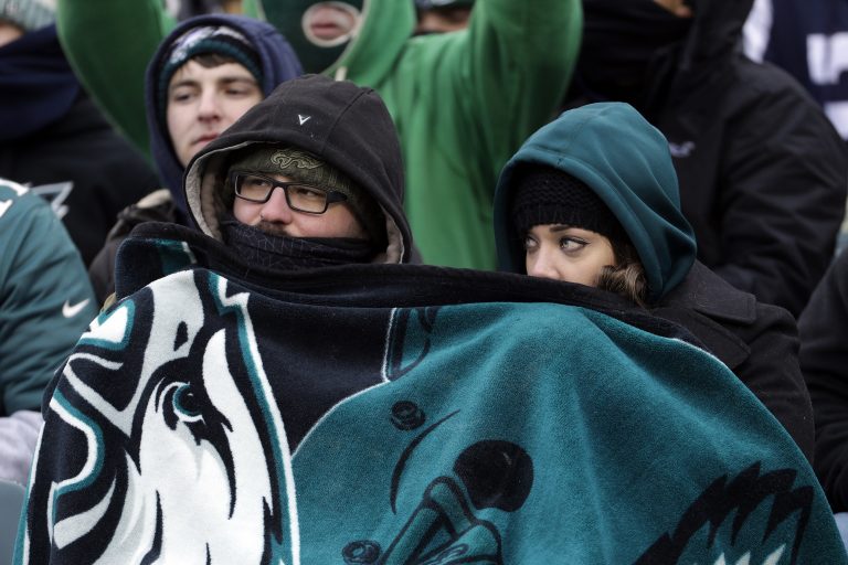 Philadelphia Eagles' fans huddle during the second half of an NFL football game against the Dallas Cowboys, Sunday, Dec. 31, 2017, in Philadelphia.