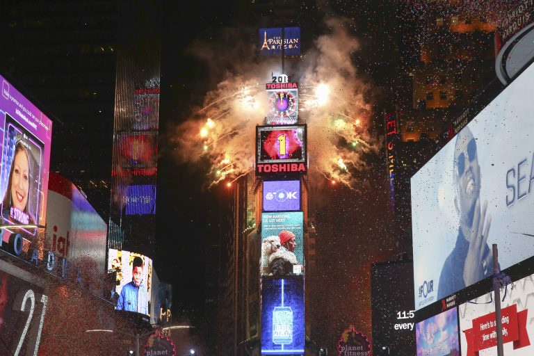 The ball drops during the New Year's Eve celebration in Times Square on Sunday, Dec. 31, 2017, in New York.