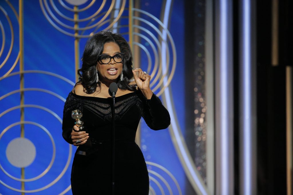 75th Annual Golden Globe Awards – Show This image released by NBC shows Oprah Winfrey accepting the Cecil B. DeMille Award at the 75th Annual Golden Globe Awards in Beverly Hills, Calif., on Sunday, Jan. 7, 2018.