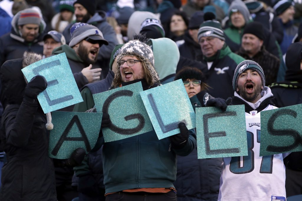 Falcons Eagles Football Philadelphia Eagles' fans cheer before an NFL divisional playoff football game against the Atlanta Falcons, Saturday, Jan. 13, 2018, in Philadelphia.