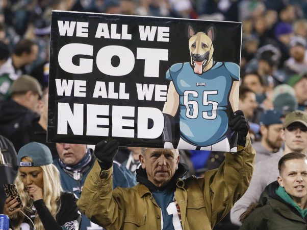Fans watch warm ups before the NFL football NFC championship game between the Philadelphia Eagles and the Minnesota Vikings Sunday, Jan. 21, 2018, in Philadelphia. (AP Photo/Matt Slocum)
