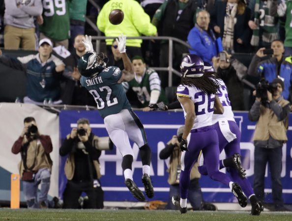 Philadelphia Eagles' Torrey Smith catches a touchdown pass during the second half of the NFL football NFC championship game against the Minnesota Vikings Sunday, Jan. 21, 2018, in Philadelphia. (AP Photo/Matt Rourke)